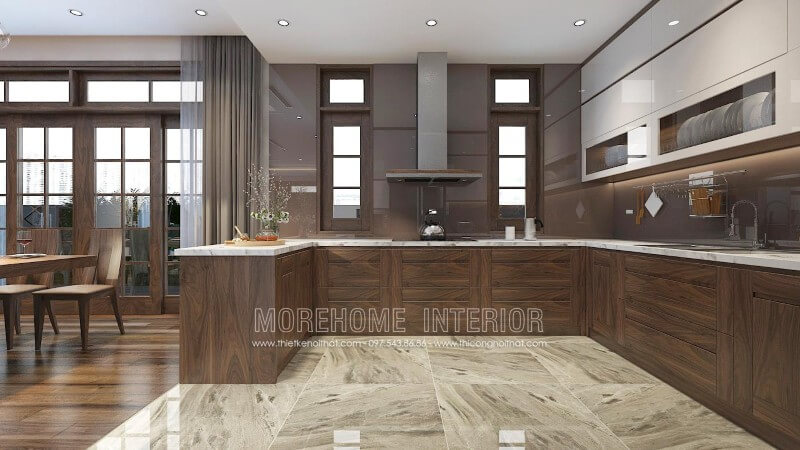 Sở hữu đường vân bắt mắt cùng màu sắc sang trọng, mẫu tủ bếp chữ u gỗ óc chó hấp dẫn mọi ánh nhìn của bất cứ một vị khách nào tới chơi nhà Tủ bếp hiện đại, tủ bếp chữ u, tủ bếp chữ i, tủ bếp chữ l