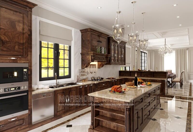 Thiết kế tủ bếp gỗ óc chó kiểu dáng chữ L với kích thước kéo dài hết chiều dài của căn bếp biệt thự mang lại cảm giác vững chãi và đồ sộ cho khu vực nội trợ của gia chủ Tủ bếp hiện đại, tủ bếp chữ u, tủ bếp chữ i, tủ bếp chữ l