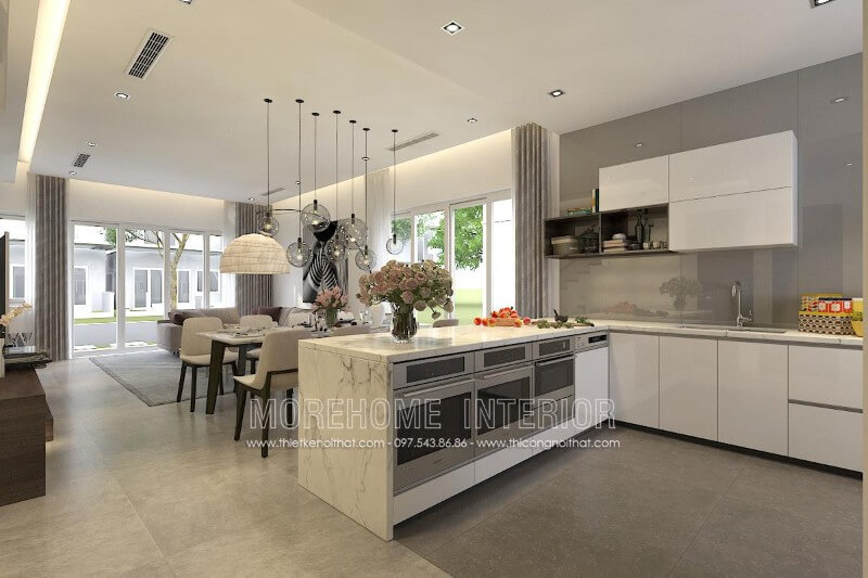 Mẫu tủ bếp chữ L màu trắng tạo sự thanh lịch, nhẹ nhàng trong không gian bếp Tủ bếp hiện đại, tủ bếp chữ u, tủ bếp chữ i, tủ bếp chữ l