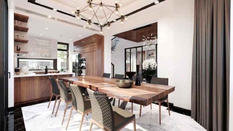 Ngoài điểm đặc biệt từ cách bố trí kệ trang trí, bàn đảo bằng đá nhân tạo LG màu trắng được thiết kế nhô ra ngoài lại là điểm đáng chú ý, một mặt vẫn đảm bảo diện tích để chủ nhân có thể phô diễn món ăn thỏa mái, một mặt bạn lại có thể vừa nội trợ vừa có thể trông nom con học một cách dễ dàng.