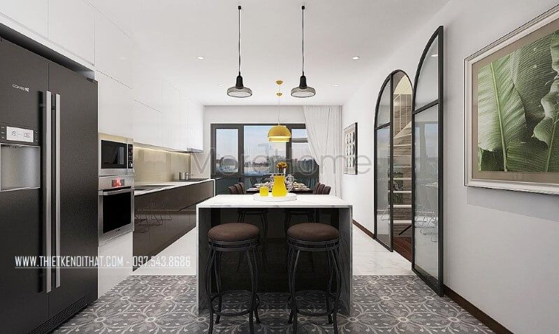 Bàn đảo bếp hiện đại sử dụng đá ốp vân mây tuyệt đẹp cùng 2 chiếc ghế đơn đẹp mắt giúp bạn có thể làm mọi thứ hữu ích cùng với đó vị trí bố trí cạnh tủ lạnh giúp bạn thuận tiện cho việc nấu ăn.