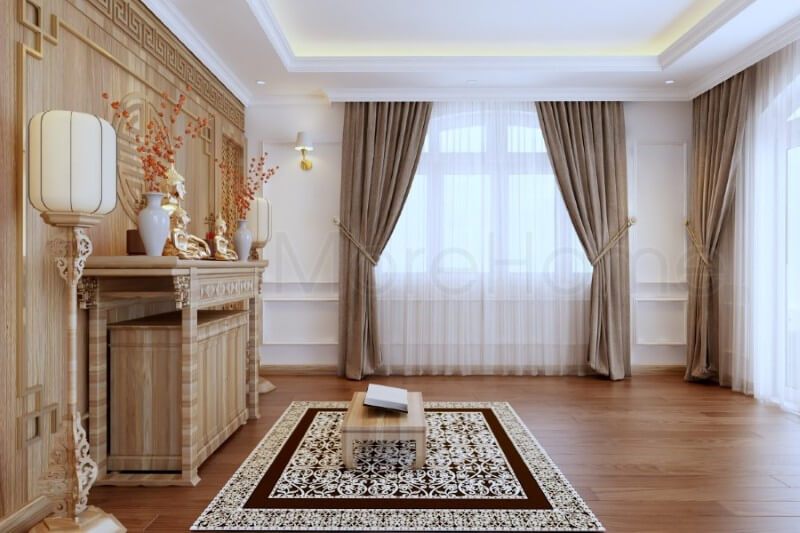 Không gian thờ cúng tâm linh được thiết kế hiện đại, vừa đảm bảo tính thẩm mỹ mà vẫn tuân theo những nguyên tắc cơ bản trong phong thủy