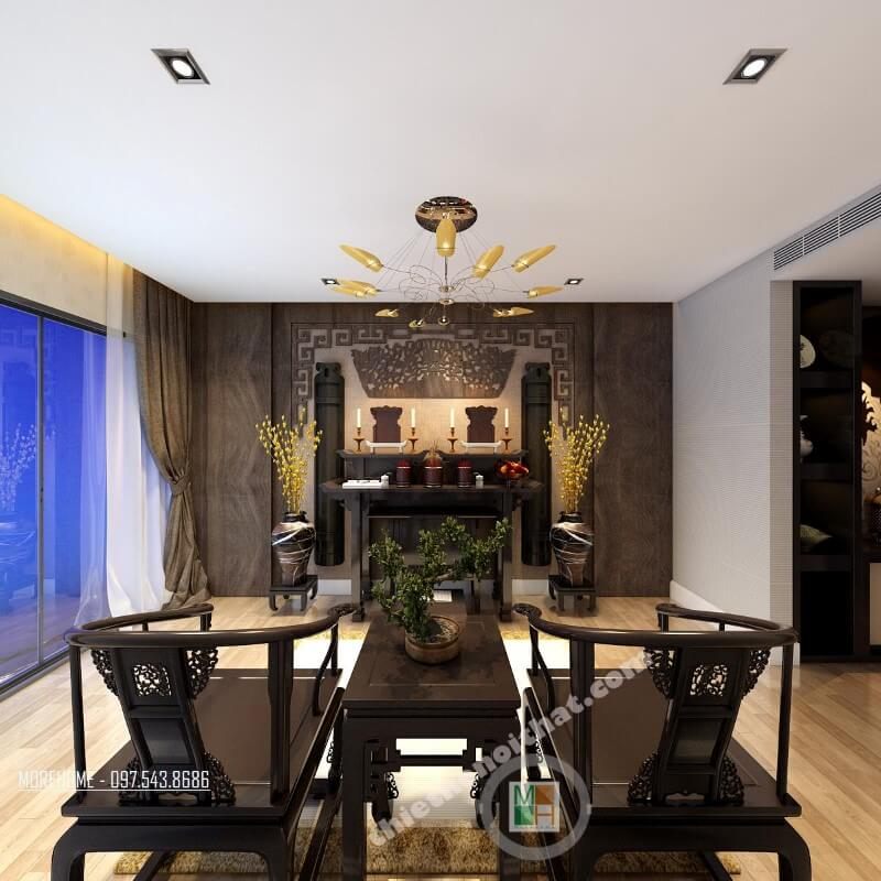 Mẫu bàn thờ gia tiên được thiết kế 2 cấp bằng gỗ tự nhiên với đường nét hoa văn được chạm khắc tỉ mỉ