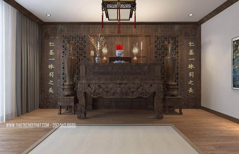 Mẫu tủ thờ gỗ óc chó cao cấp với thiết kế chạm khắc tỉ mỉ sang trọng