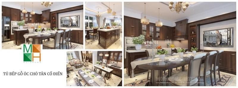 Trào lưu thiết kế tủ bếp tân cổ điển bằng gỗ óc chó đang làm nên sự nổi bật trong làng thiết kế nội thất, với ưu điểm là tôn lên vẻ sang trọng của không gian bếp.